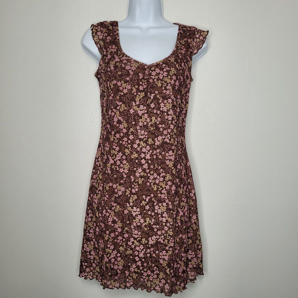 Vintage y2k Xhilaration brown pink ditsy floral print romantic mini dress small
